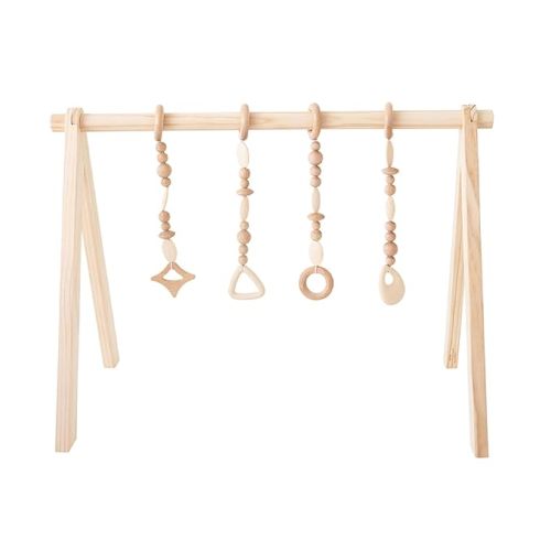 Wooden Baby Play Gym | Montessori-Inspired Activity Center with 4 Hanging Toys | Natural Wood & Silicone | Ideal for Tummy Time, Sensory Play & Motor Skill Growth | 0-12 Months