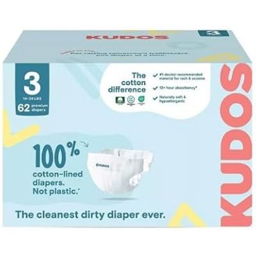 Kudos Chlorine Free Premium Diapers, Cotton-Lined, Size 3, 31 * 2=62 Count, 14-24 lbs