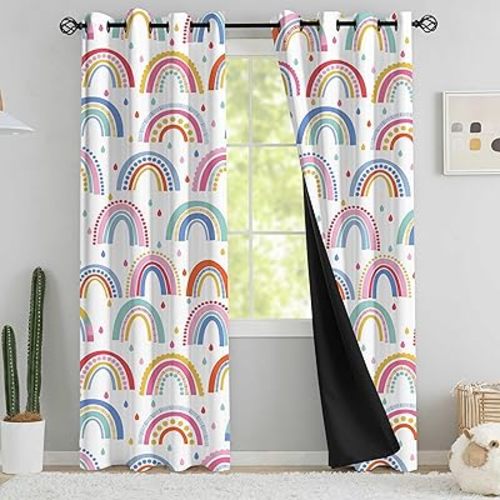 chiinvent Blackout Rainbow Curtains for Kids Cute Rainbow Room Darkening Window Curtains Decorative Cartoon Black Out Curtain for Girls Bedroom Nursery, C3, 52" x 63", 2 Panels (90% Blackout)
