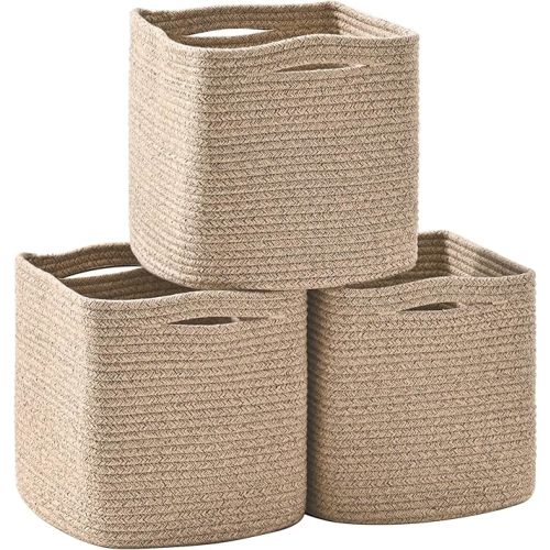 13 Inch Cube Closet Storage Bins, Woven Cotton Rope Organizer Baskets for Organizing & Shelves, Books, Towels, Clothes, Toys, 13x13x13 in, Brown (Pack of 3)