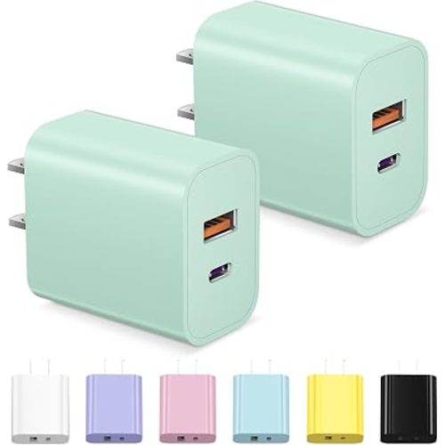 [2 Pack] USB C Charger Block Fast Charging Multiport Adpater iPhone 17 Charger Block 20W Type C Wall Charger Plug for iPhone 17/16/15/14/13/12/11/X/8, iPad, Galaxy, Google & More - Green
