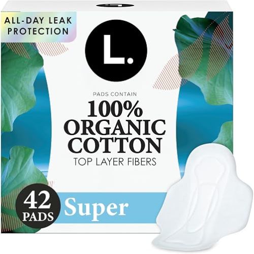 L. Ultra Thin Pads for Women, Organic Cotton Top Layer, Super Absorbency, Menstrual Pads with Wings, Made Without Synthetic Pesticides and Fragrances, 42 Count