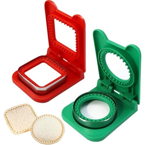 Sandwich Molds Cutter and Sealer, Sandwich Maker Sandwich Cutter and Sealer for Kids, Bread Sandwich Cutter Circle Square, Great for Lunchbox and Bento Box (Green+Red)