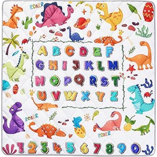 Baby Play Mat for Floor - MORAIS 50x50 Inch with 800g Cotton Filling Thickened Crawling Mat for Playpen, Cushioned Playpen Mat with Anti-Slip Bottom and Animal Alphabet (Dinosaur Land)