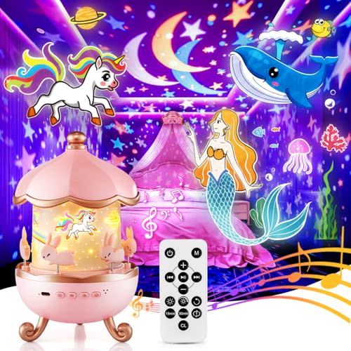 One Fire Night Light Projector for Kids,315 Lighting+15 Films+15 Music Sound Machine Baby, 360°Rotate+Remote+Dimmable Ceiling Star Projector for Kids Room Decor,Unicorn Toys Birthday Gifts for Girls