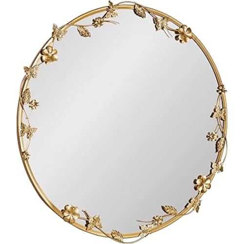 Kate and Laurel Rosella Modern Ornate Round Wall Mirror, 26 Inch Diameter, Gold, Circle Mirror with Floral Detailing for Use as Bathroom Mirror for Over Sink or Cute Dorm Room Decor