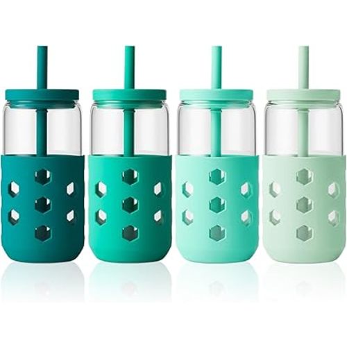 Glass Cups with Lids and Straws (4 Pack), 16oz Drinking Glasses Set with Silicone Sleeves for Coffee Bar Accessories Iced Coffee Cups with Lids, Glass Tumbler Reusable for Gifts