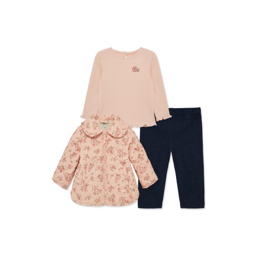 Set of 3 Pink Blossoms Rib Top, Knit Pants & Floral Quilted Jacket