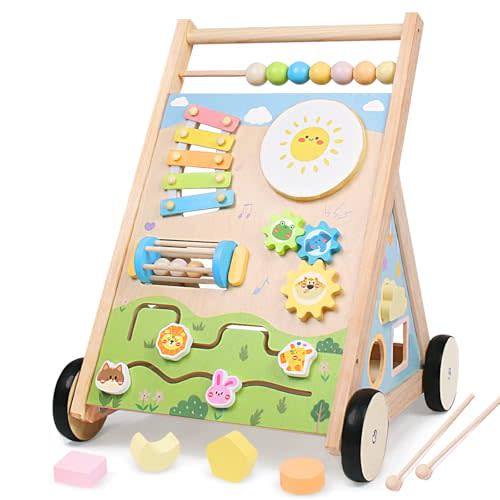 YHHYTOY Wooden Baby Walker with Wheels, Montessori Baby Push Walker for Babies 6-12 Months, Baby Activity Center Walking Toy for 1 Year Old Learning to Walk Toddler Girls Boys