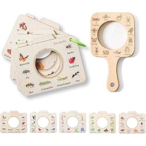 Magnifying Glass for Kids Wooden Montessori Educational Explore Toy Magnifying Glasses and Wood Bug Cards for Outdoor Adventure Birthday Gift for Boys Girls Ages 3+