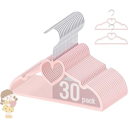 GOSCHE Baby Hangers 11 inch, Toddler Velvet Hnagers, Non-Slip for Baby and Children Clothes, Durable Ultra-Slim Space-Saving Closet Organizers, Pink, 30 Pack