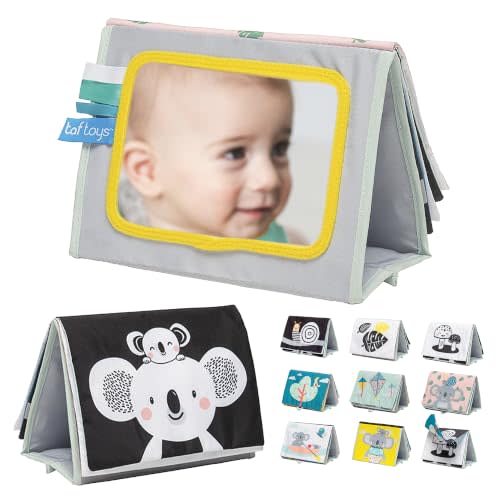 Taf Toys Tummy Time Baby Mirror Soft Baby Book with Mirror & Teether - Tummy Time Toys 0-6 Months - High Contrast Newborn Infant Toys - Ideal for Sensory Play - Perfect 0-3 Year Old Boys Girls Gift