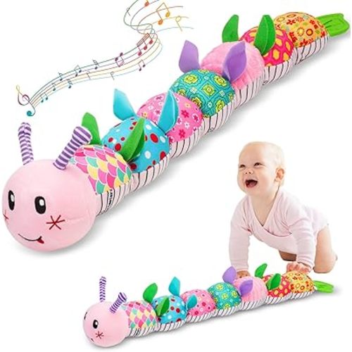 Baby Toys 0-12 Months, Caterpillar Musical Plush Stuffed Toy for Infant, Animal Soft Rattle Sensory Toys with Teether for Tummy Time, Newborn Boy& Girl Shower Birthday Christmas Valentines Gift