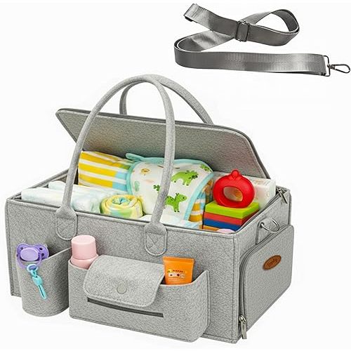 Felt Diaper Caddy Organizer, Portable Nursery Basket for Diapers, Caddy for Baby Stuff Storage, Baby Shower Must Haves Gift, Grey Felt for Changing For Car, Long Handles (Large Grey)
