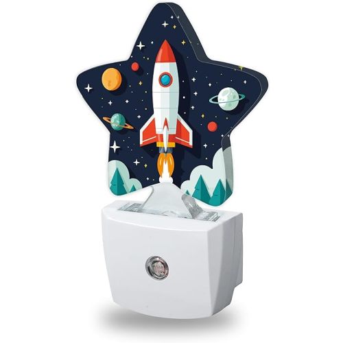 Cartoon Rocket Night Light for Kids,Space Planets Night Lights Plug Into Wall, Lightweight Dusk to Dawn Light Sensor Warm Nightlights for Girls Boys Bedroom Nursery Basement