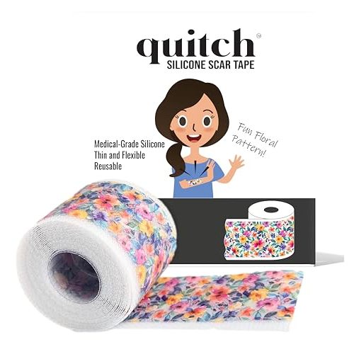 Quitch Silicone Scar Sheets for Surgical Scars, Silicone Scar Tape, C Section Recovery Must Haves, Tummy Tuck Recovery Must Haves, Postpartum Essentials Scar Treatment (Floral) 4x150cm