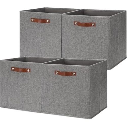 HNZIGE Fabric Storage Cubes Bins Baskets for Shelves Set of 4 Baskets, 13 Inch Storage Bins with Handles, Foldable Storage Cube Organizer Bins Organizing Home Nursery (Gray)