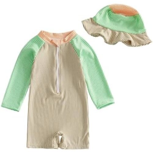 Gueuusu Baby Boys Girls Swimsuit One Piece Striped Zipper Bathing Suit Rash Guard Long Sleeve Seersucker Swimwear Sunsuit