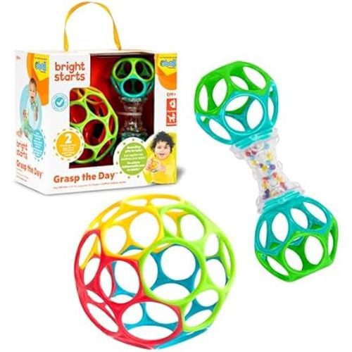 Bright Starts Easy-Grasp Oball Bundle Gift Set - Grasp The Day, Ball and Rattle Toys 2-Pack, BPA Free, Unisex, Newborn+