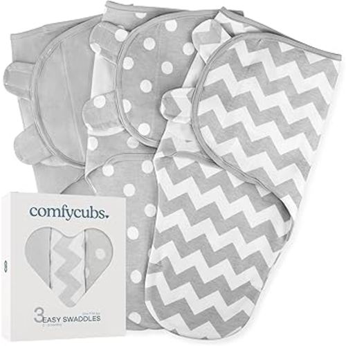 Comfy Cubs Easy Swaddle Blanket, 3 Pack - 100% Cotton Newborn Wrap, Small for 0-3 Months Infants, with Adjustable Velcro, Breathable and Durable Sleep Sack for Babies - Grey