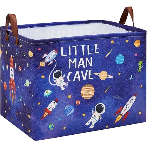 Astronaut Rockets Nursery Basket Laundry Hamper,Space Storage Basket with Inspirational Quotes, Planets Boy Room Decor Toy Box, Rectangular Clothes Book Toy Storage Bin (Blue)