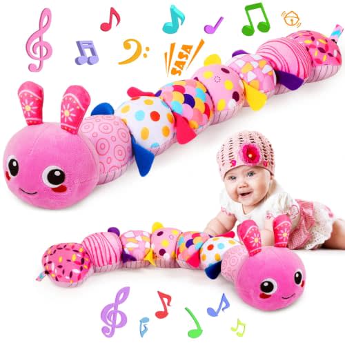 Baby Sensory Caterpillar Toys for 0-6 6-12 Months | Soft Plush Activity Toy with Crinkle, Rattle & Gentle Music, Tummy Time Toy for Infant Newborn, Baby Boys and Girls Gifts