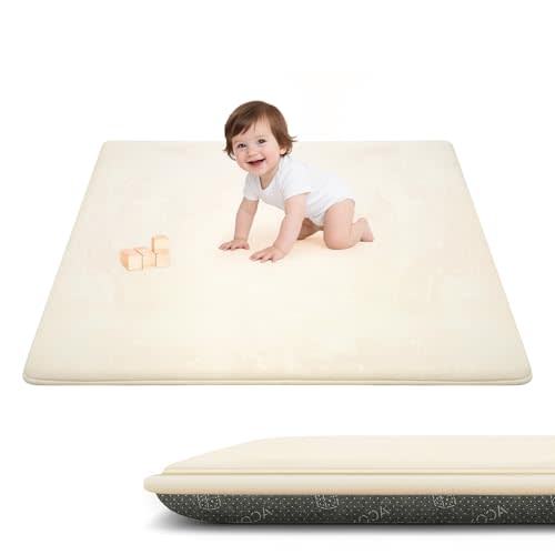 ACOMOPACK 1.3" Thick Baby Play Mat for Floor 50x50"-Memory Foam Water-Repellent Playpen Mat for Tummy Time,Non-Slip Soft Velvet Nursery Rug for Kids,Toddlers,Infants Crawling（Beige）