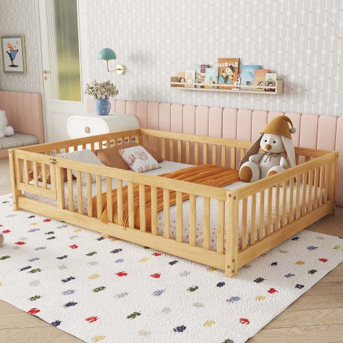 Bellemave Full Size Montessori Floor Bed, Brown Wood Frame, Fence, Door, Slats Included