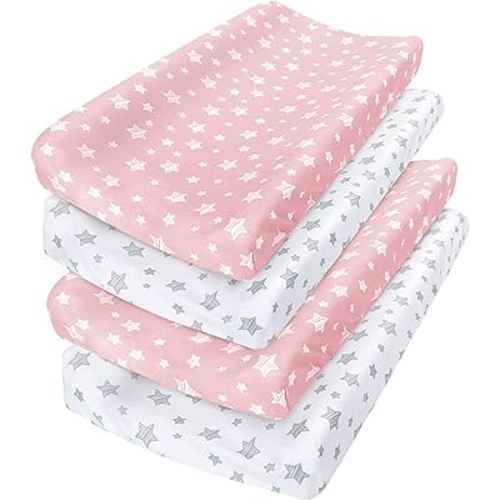 Changing Pad Cover for Girls 4 Pack, Lovely Print Soft Unisex Diaper Change Table Sheets, Fit 32"x16" Contoured Pad, Comfy Cozy 4-Pack Cradle Sheets