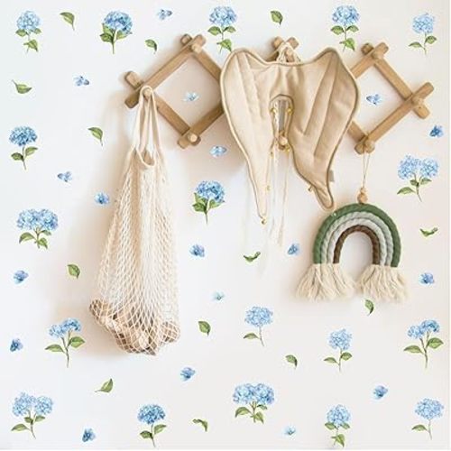 Watercolor Blue Hydrangea Wall Stickers, Blossom Floral Vinyl Wall Decals, Removable Flower with Green Leaves DIY Wall Art for Bedroom Living Room Decor