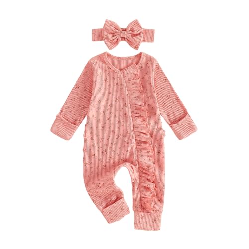 Socutebabe Newborn Baby Girl Fall Winter Clothes Coming Home Outfit Ruffle Romper Cute Ribbed Knit Jumpsuit Headband