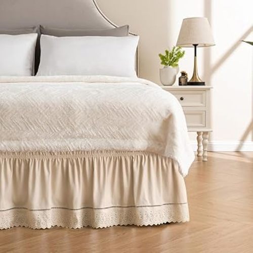 MIYE Wrap Around Ruffled Lace Bed Skirt, Elastic Dust Ruffle with Adjustable Belts, Easy to Put On, Bed Frame Cover, Machine Washable (Embroidered/Beige, King/Queen-15 Drop)