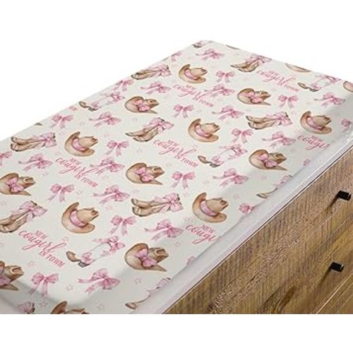 Baby Girls Changing Pad Covers Western New Cowgirl in Town, Pink Bow Ribbon Boot Hat Safe Snug Fitted Diaper Table Sheet, Soft Breathable Stretchy Change Mat Shower Gift Fit 32 34 x 16