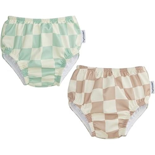 Tiny Twinkle Pull-Up Reusable Swim Diapers 2-Pack | Waterproof and UPF 50+ Sun Protection | Lightweight and Absorbent | Machine Washable(Sage,Beige Checkers,0-6M)