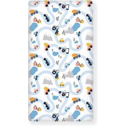 Car Trace Fitted Crib Sheet Blue Road Map Standard Crib Mattress Fitted Sheet Trucks Cars Excavator Baby Toddler Bed Mattress Sheets for Boys 28"x52"