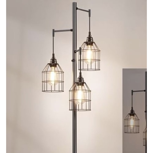 Sucolite 70" Dimmable Floor Lamp for Living Room, Industrial 3-Light Tree Floor Lamp Black with Cages, Farmhouse Rustic Tall Standing Lamp Floor Lighting for Bedroom Office, 3 Free LED Edison Bulbs
