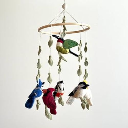 Handmade Felt American Bird Nursery Mobile, American Bird Crib Mobile for Babies, Boho Nursery Decor, Natural Wool & Wood Hanging Mobile, Unique Baby Shower Gift, Fair Trade & Handcrafted in Nepal