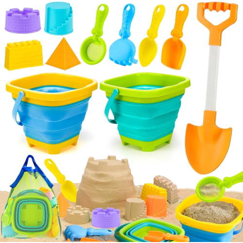 Auntyfey Collapsible Beach Toys for Kids, Sand Pail Set with Castle Molds and Large Shovel