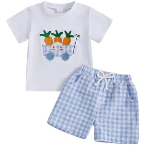 Toddler Baby Boy Easter Rabbit Outfit Short Sleeve Bunny Carrot Smocked T-shirt Elastic Waist Shorts Summer Clothes
