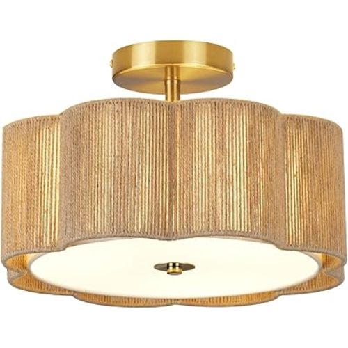 Boho Rattan Ceiling Light Fixture, 3-Light Semi Flush Mount Woven Ceiling Lamp with Gold Canopy, Dimmable Floral Wicker Ceiling Light for Bedroom Dining Room Kitchen Hallway Entryway Foyer