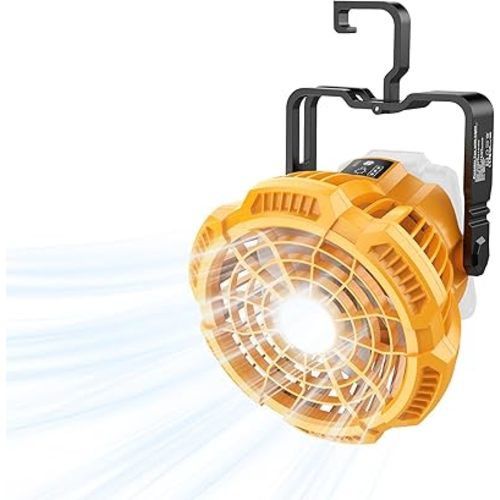 Portable Fan for Dewalt 20V Max Li-ion Battery, Brushless Fan with 3-Speed Settings, LED Light, 3300 RPM, 180° Rotating Hanging Hook, Cordless fans for Jobsite, Camping fan for Tents(No Battery)