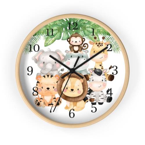 Safari animals clock, Kids wall clock, Baby boy nursery decor, Nursery wall clock, Wooden Frame, Silent Wall Clock - SaE