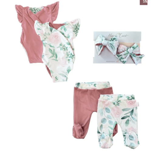 FLUTTER SLEEVE ONESIE OUTFIT BUNDLE, Blushing Eucalyptus 0-3M