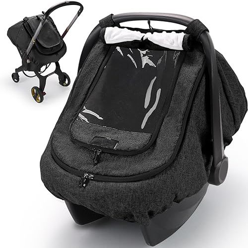 Flygroo Waterproof Baby Car Seat Cover, Infant Car Seat Cover Canopy Windproof Rainproof for Baby Boys Girls, 2 Layers with Clear and Mesh Window Protect Baby from Rain Snow and Sunlight - Black