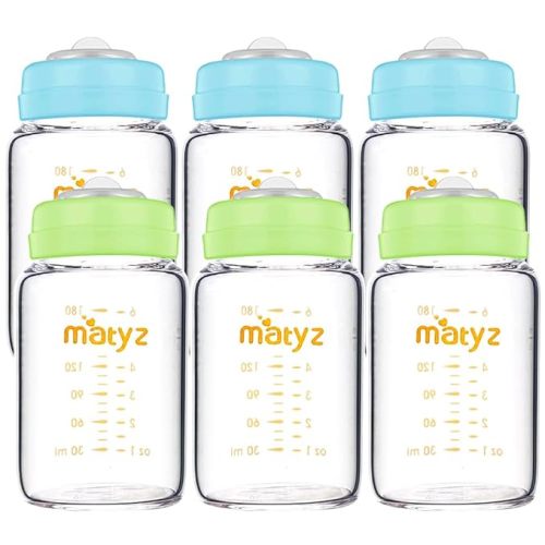 Matyz Glass Breastmilk Storage Bottles, 6 Pack, 6 oz, Sturdy Glass Bottle for Milk Freezing and Baby Feeding - Pumping Bottle for Philips Medela Spectra Breast Pumps - No BPA (3 Green & 3 Blue Lids)