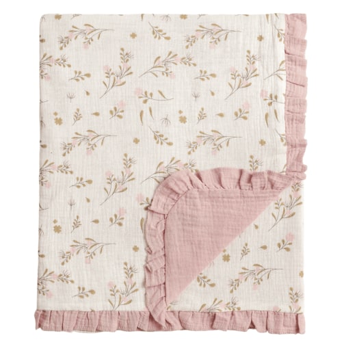 CREVENT Organic Cotton Pink Flower Muslin Baby Receiving Blanket with Trim,40''x40''