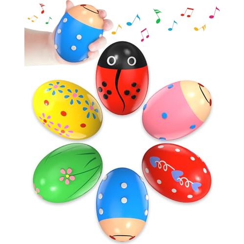 6 Pack Wooden Percussion Musical Shaker Prefilled Easter Eggs with Toys Inside Filled, Toddlers Easter Basket Stuffers Egg Fillers Montessori Toys Gifts for Kids Boys Girls Babies