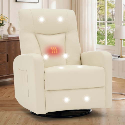 Korser Swivel Rocker Recliner Chair with Heat and Massage,360°Swivel Recliner Chair for Adults with Side Pockets for Living Room,PU Leather,Beige