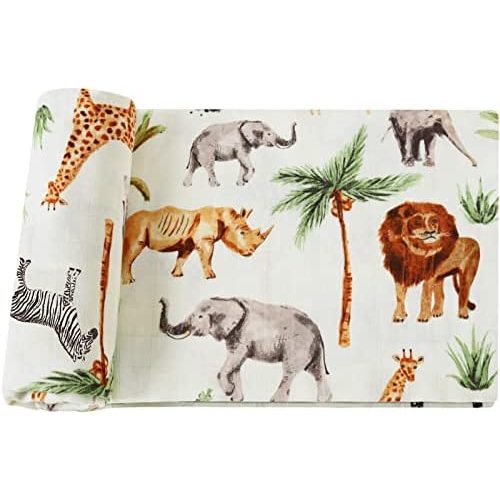 LifeTree Muslin Swaddle Blankets Boys, Bamboo Cotton Baby Swaddle Blankets Unisex Boys Girls Swaddling Wrap Receiving Blanket Neutral for Newborn, Soft, Large 47" x 47", Safari Jungle Zoo