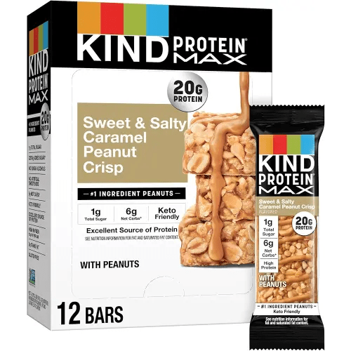 KIND Protein MAX Sweet & Salty Caramel Peanut Crisp Snack Bars, Keto Friendly, 20g Protein, 12 Count